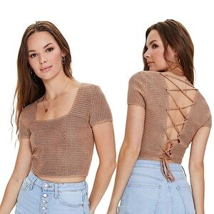 Jolie & Joy NWT Tan Crochet Knit Lace Up Crop Top Size Small